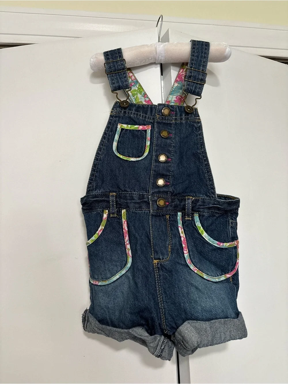 Oshkosh 3T Denim Floral-Trim Girls' Short Overalls - Blue